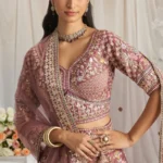 Mauve Pink Embroidered Tissue Lehenga